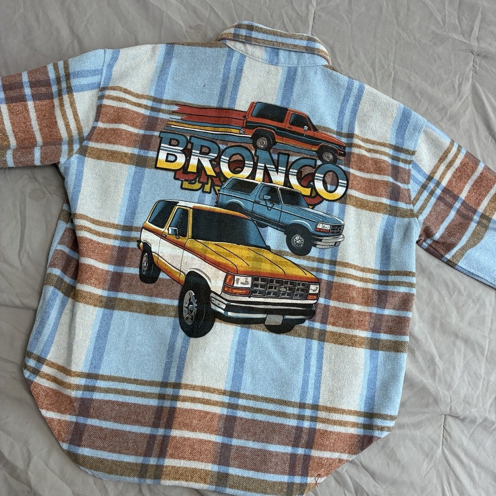 Ford Bronco Plaid Flannel Shirt Jacket Graphic Print Shacket Size S Wool Blend
